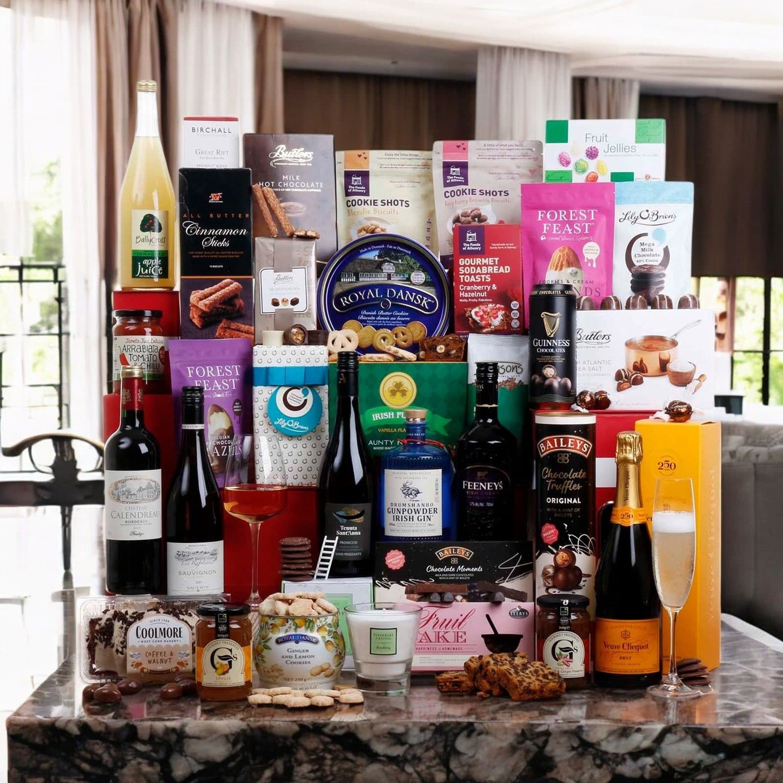 A luxury Irish gift hamper packed with wines, chocolates and festive treats